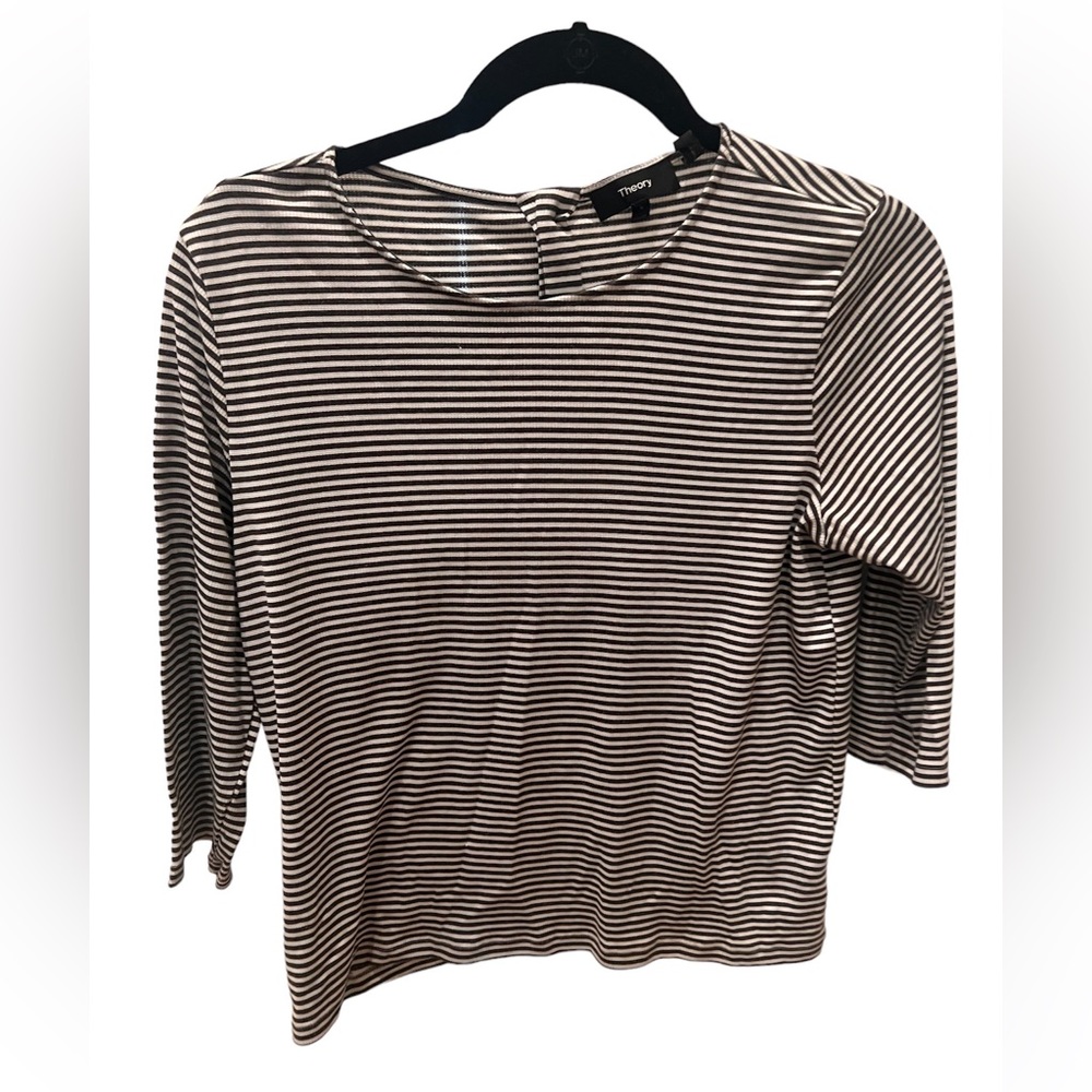 Theory Women’s Lowell Square Striped Tee.  Gray Multi. Size small.